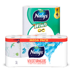 Nalys 5-laags maxi-vel
toiletpapier 2 pakken à 18 rollen,
Nalys vochtvangers
of wish keukenpapier
2 pakken à 2 of 8 rollen